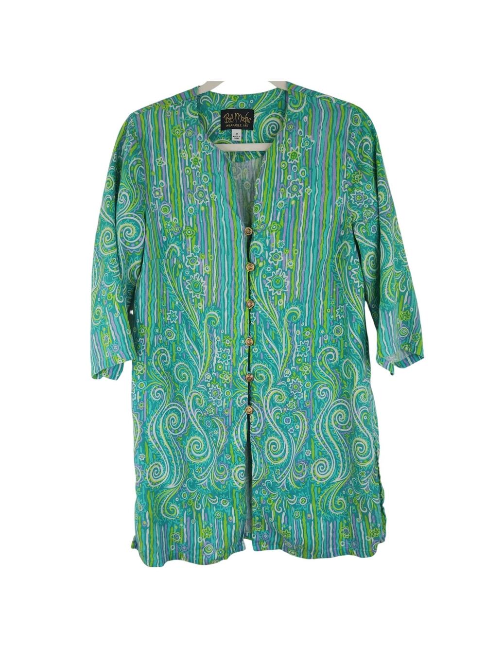 Bob Mackie Wearable Art Green Blue Coastal Tunic Top Women's Medium Linen Blend